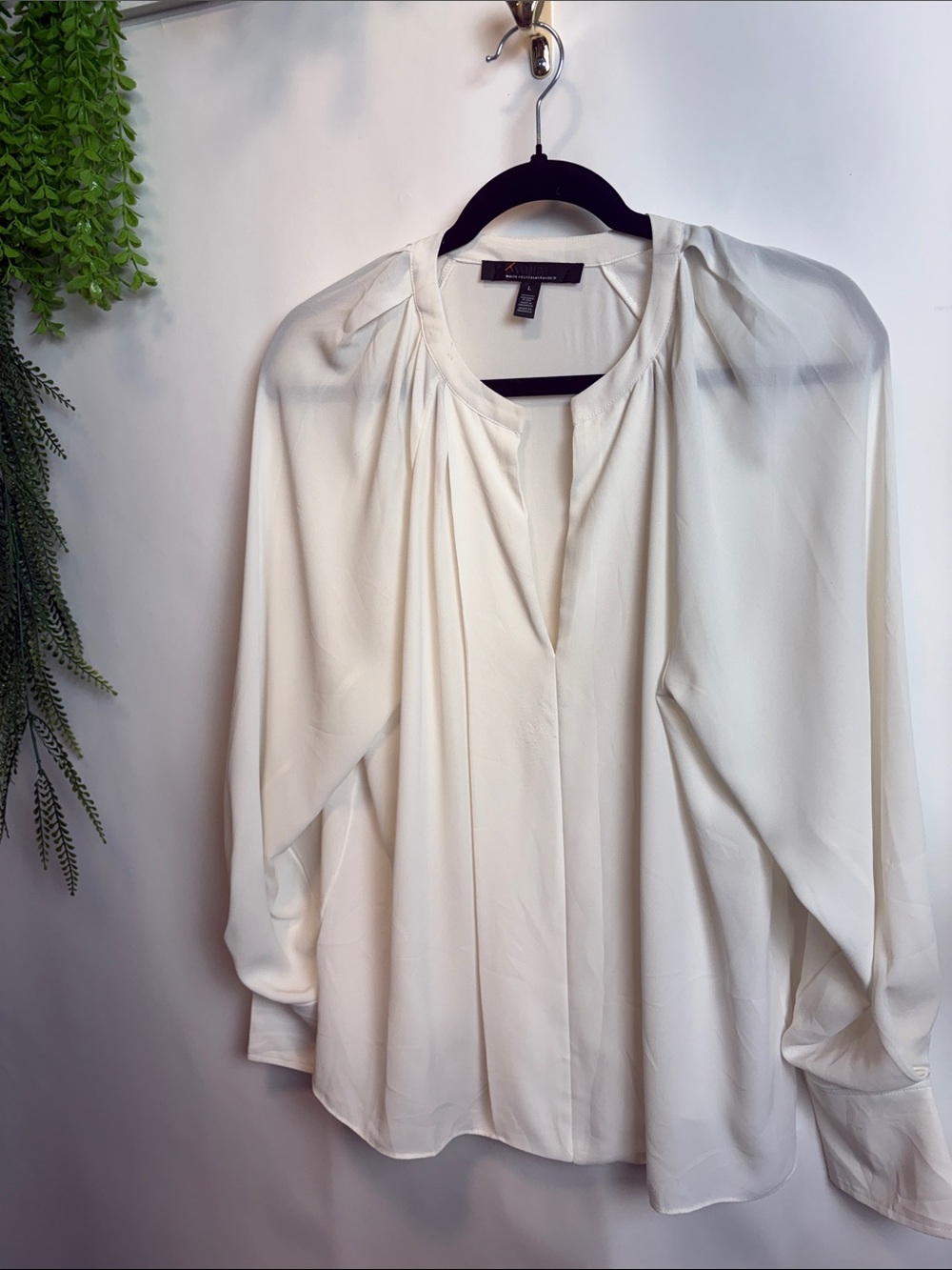 White House Black Market Ivory Split-Neck Pleated Blouse
